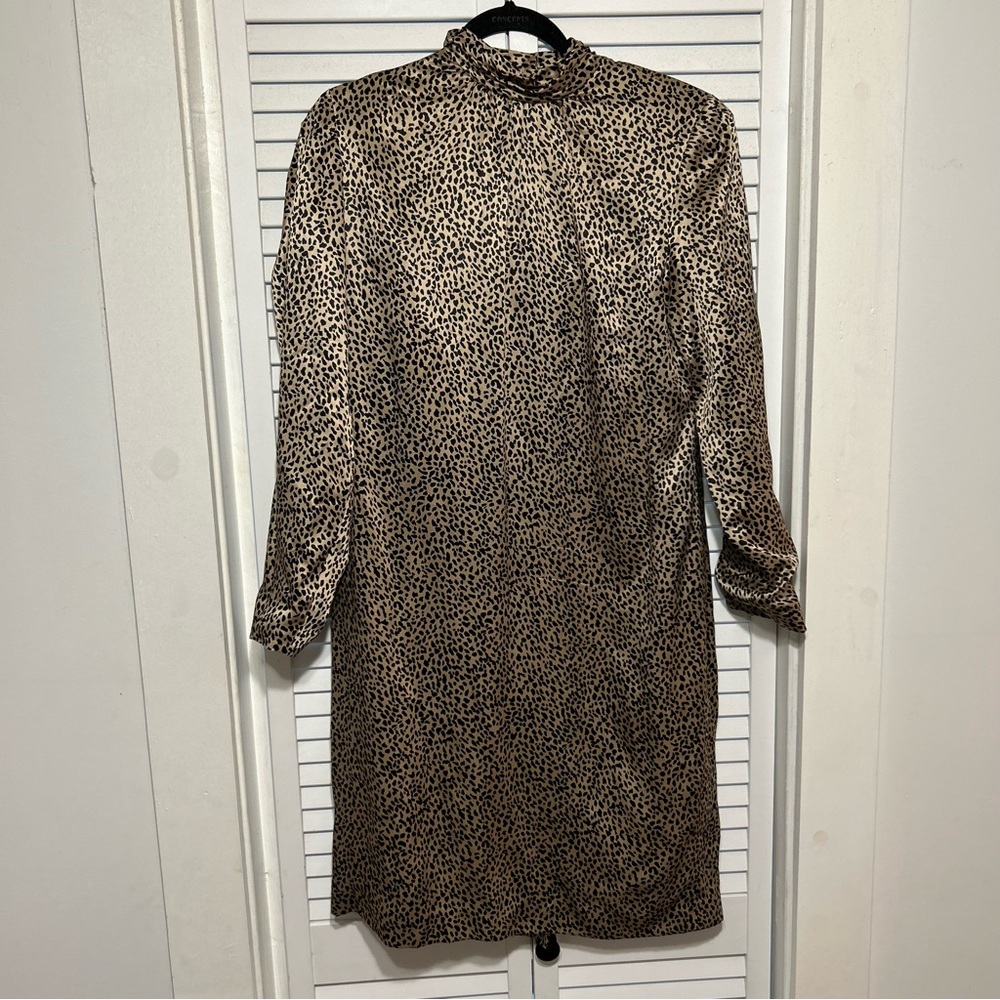 100% Silk Vintage Leopard Long Sleeve Mock Neck Holiday Dress